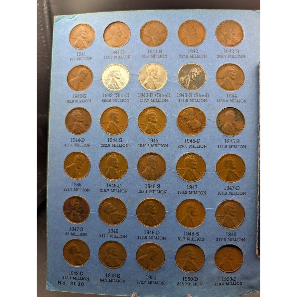 1941 -1950 S Lincoln Wheat Penny Board Whitman Folder 30 Coins Single Page Only